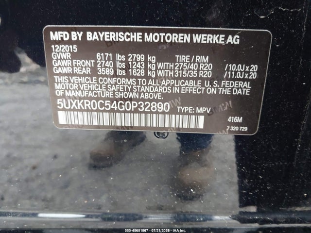 45681067 :رقم المزاد ، 5UXKR0C54G0P32890 vin ، 2016 Bmw X5 Xdrive35i مزاد بيع