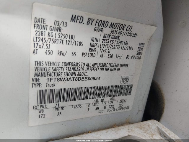 Продаж на аукціоні авто 2013 Ford Super Duty F-350 Srw Xl, vin: 1FT8W3AT8DEB00934, номер лоту: 45681066
