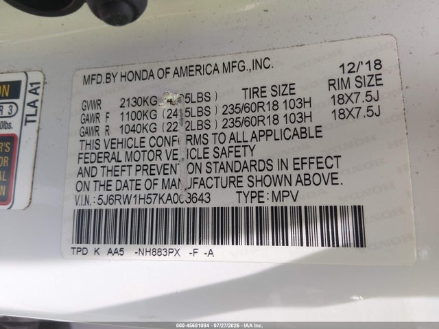 Продажа на аукционе авто 2019 Honda Cr-v Ex, vin: 5J6RW1H57KA003643, номер лота: 45681084