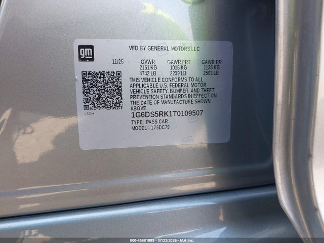 Aukcja sprzedaży 2026 Cadillac Ct5 Premium Luxury Rwd, vin: 1G6DS5RK1T0109507, numer aukcji: 45681089