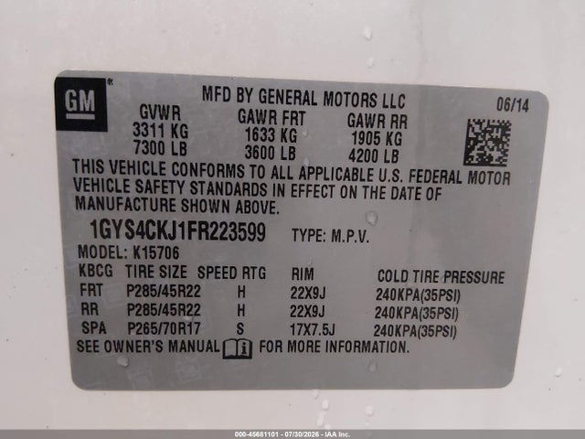 Aukcja sprzedaży 2015 Cadillac Escalade Premium, vin: 1GYS4CKJ1FR223599, numer aukcji: 45681101