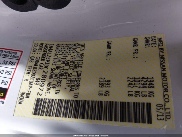 45681102 :رقم المزاد ، 1N4AL2EP1DC280972 vin ، 2013 Nissan Altima 2.5 S مزاد بيع