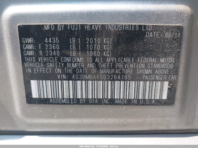 45681103 :رقم المزاد ، 4S3BMBA60B3264185 vin ، 2011 Subaru Legacy 2.5i مزاد بيع