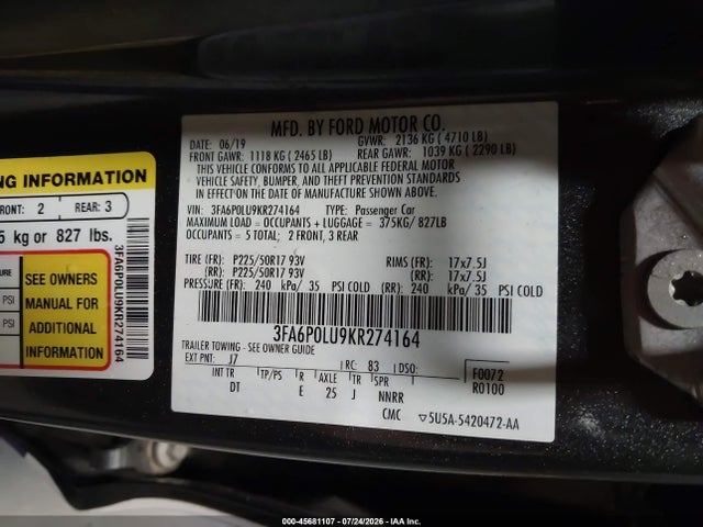 2019 Ford Fusion Hybrid Se მანქანა იყიდება აუქციონზე, vin: 3FA6P0LU9KR274164, აუქციონის ნომერი: 45681107
