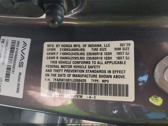 7FARW1H81LE008429 Honda Cr-v 2wd Ex-l