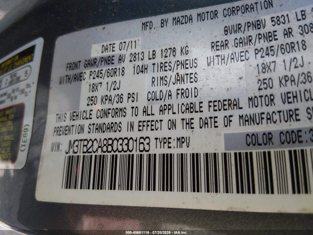45681116 :رقم المزاد ، JM3TB2CA8B0330163 vin ، 2011 Mazda Cx-9 Touring مزاد بيع