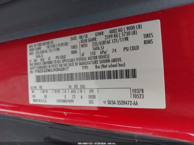 1FBZX2ZM2JKB42817 Ford Transit-350 Xl