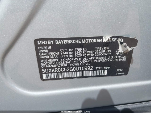 45681135 :رقم المزاد ، 5UXKR0C52G0U10992 vin ، 2016 Bmw X5 Xdrive35i مزاد بيع