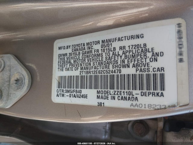 Aukcja sprzedaży 2002 Toyota Corolla Ce, vin: 2T1BR12E62C524470, numer aukcji: 45681150