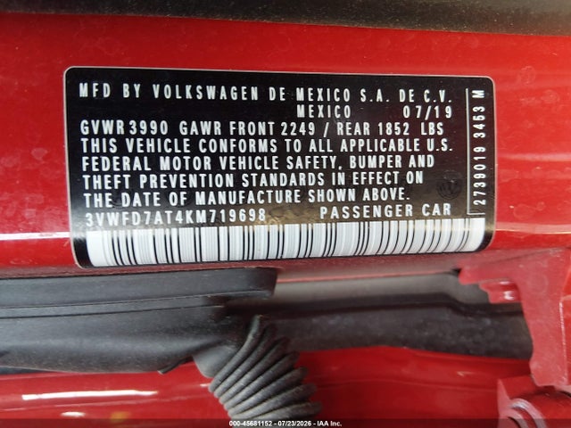 45681152 :رقم المزاد ، 3VWFD7AT4KM719698 vin ، 2019 Volkswagen Beetle 2.0t Final Edition Se/2.0t Final Edition Sel/2.0t S مزاد بيع