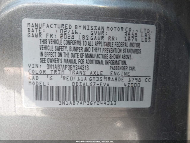 Nissan SENTRA SL 2016 3N1AB7AP3GY244313 Image 9