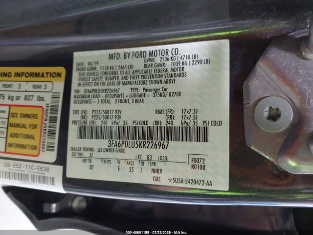 Продажа на аукционе авто 2019 Ford Fusion Hybrid Se, vin: 3FA6P0LU5KR226967, номер лота: 45681199