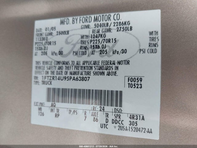 45681213 :رقم المزاد ، 1FTZR14U95PA63807 vin ، 2005 Ford Ranger Edge/stx/xl/xlt مزاد بيع