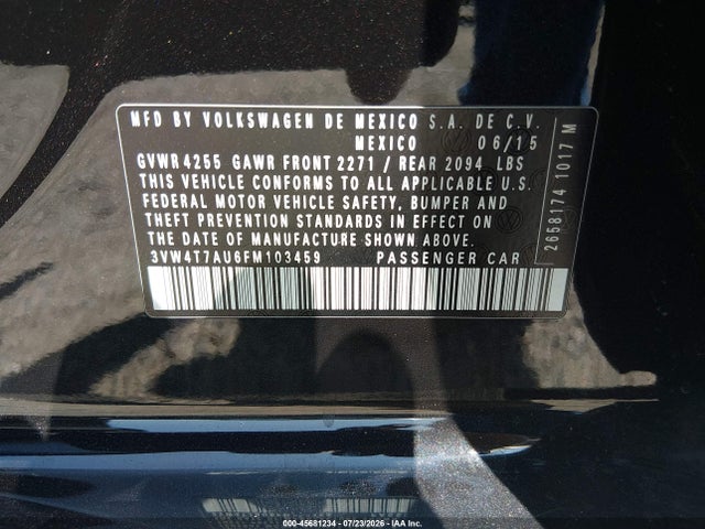 45681234 :رقم المزاد ، 3VW4T7AU6FM103459 vin ، 2015 Volkswagen Golf Gti 2.0t Se 4-door مزاد بيع