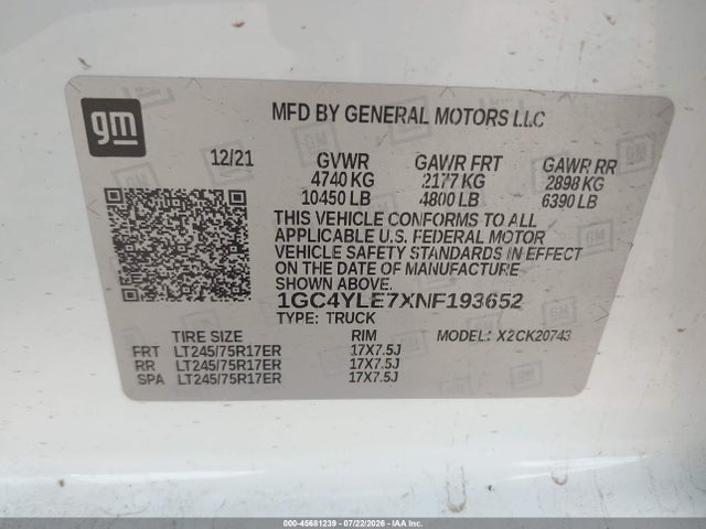 1GC4YLE7XNF193652 Chevrolet Silverado 2500hd 4wd Standard Bed Wt