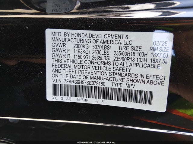 Продаж на аукціоні авто 2025 Honda Cr-v Hybrid Sport, vin: 7FARS6H57SE079180, номер лоту: 45681249