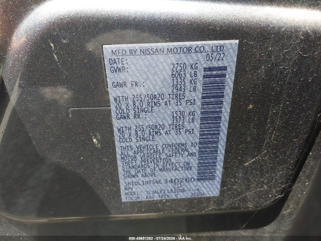 Aukcja sprzedaży 2022 Infiniti Qx60 Autograph, vin: 5N1DL1HT5NC340260, numer aukcji: 45681262