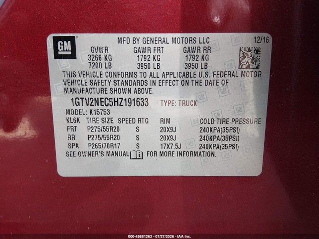 Продаж на аукціоні авто 2017 Gmc Sierra 1500 Slt, vin: 1GTV2NEC5HZ191633, номер лоту: 45681263