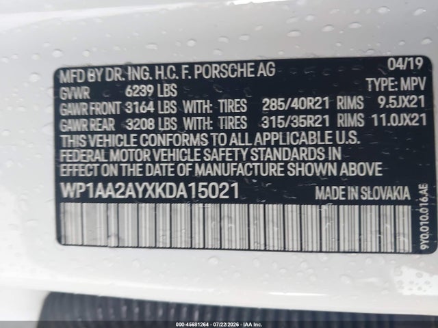 45681264 :رقم المزاد ، WP1AA2AYXKDA15021 vin ، 2019 Porsche Cayenne مزاد بيع
