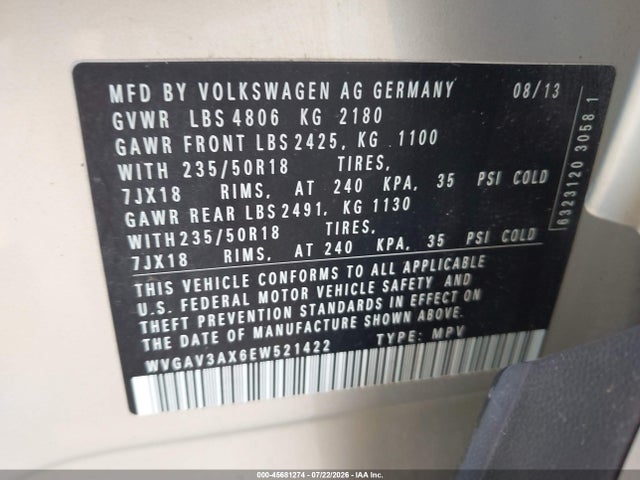 2014 Volkswagen Tiguan Se მანქანა იყიდება აუქციონზე, vin: WVGAV3AX6EW521422, აუქციონის ნომერი: 45681274