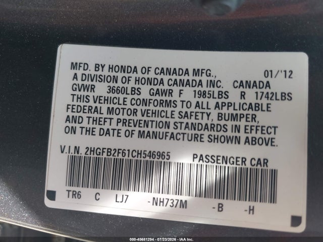 45681294 :رقم المزاد ، 2HGFB2F61CH546965 vin ، 2012 Honda Civic Hf مزاد بيع