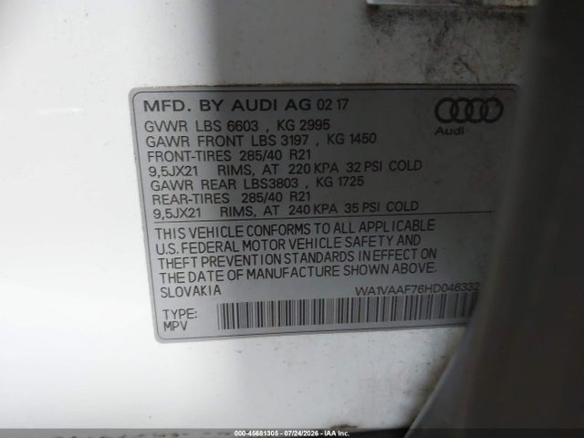 2017 Audi Q7 3.0t Premium მანქანა იყიდება აუქციონზე, vin: WA1VAAF76HD046332, აუქციონის ნომერი: 45681305