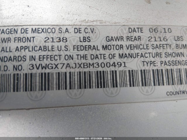 Aukcja sprzedaży 2011 Volkswagen Jetta 2.5l Sel, vin: 3VWGX7AJXBM300491, numer aukcji: 45681313