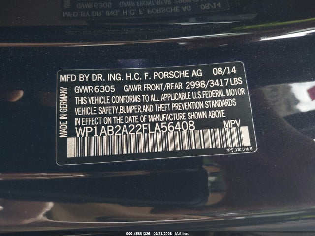 45681326 :رقم المزاد ، WP1AB2A22FLA56408 vin ، 2015 Porsche Cayenne S مزاد بيع