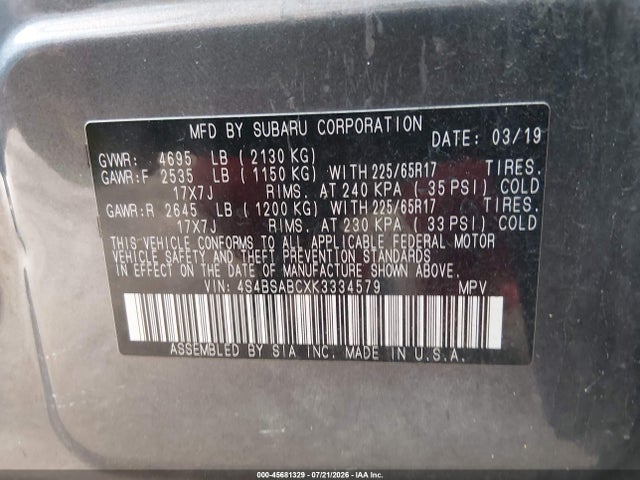 4S4BSABCXK3334579 Subaru Outback 2.5i