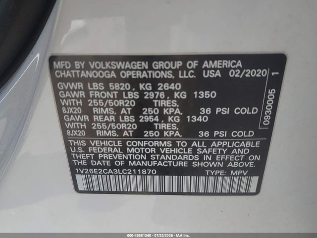 Продажа на аукционе авто 2020 Volkswagen Atlas Cross Sport 3.6l V6 Se W/technology/3.6l V6 Se W/technology R-line, vin: 1V26E2CA3LC211870, номер лота: 45681340