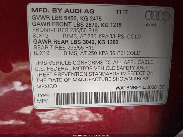 Aukcja sprzedaży 2018 Audi Q5 2.0t Premium/2.0t Tech Premium, vin: WA1BNBFY0J2088132, numer aukcji: 45681370