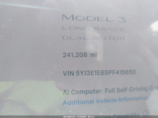 2023 Tesla Model 3 Long Range Dual Motor All-wheel Drive მანქანა იყიდება აუქციონზე, vin: 5YJ3E1EB5PF415650, აუქციონის ნომერი: 45681378