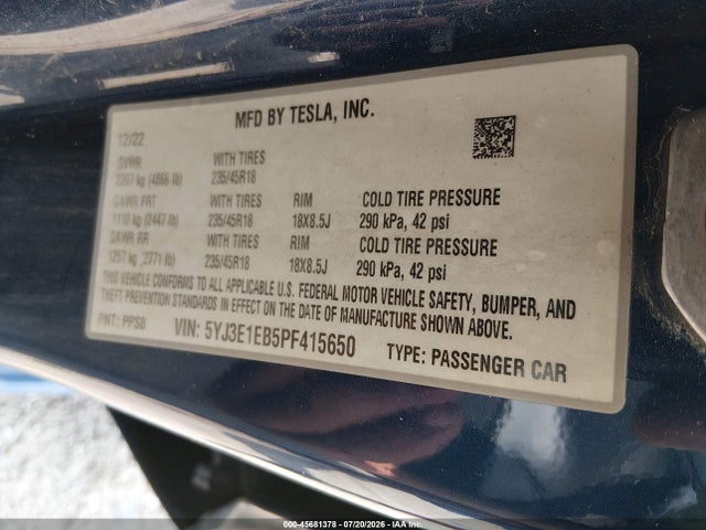 2023 Tesla Model 3 Long Range Dual Motor All-wheel Drive მანქანა იყიდება აუქციონზე, vin: 5YJ3E1EB5PF415650, აუქციონის ნომერი: 45681378