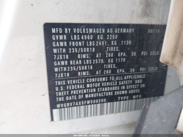 Aukcja sprzedaży 2015 Volkswagen Tiguan Se, vin: WVGBV7AX5FW506200, numer aukcji: 45681398