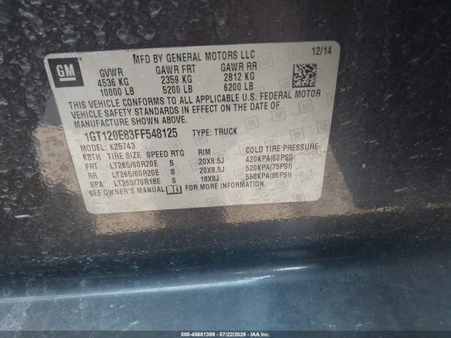 45681399 :رقم المزاد ، 1GT120E83FF548125 vin ، 2015 Gmc Sierra 2500hd Available Wifi Denali مزاد بيع