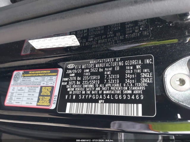 Aukcja sprzedaży 2020 Kia Sorento 3.3l S, vin: 5XYPGDA54LG693469, numer aukcji: 45681412