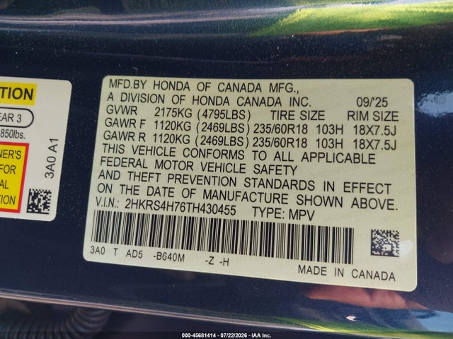 2HKRS4H76TH430455 Honda Cr-v Ex-l Awd