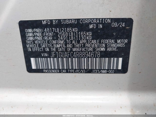 Aukcja sprzedaży 2024 Subaru Impreza Sport 5-door, vin: JF1GUAFC4R8894678, numer aukcji: 45681413