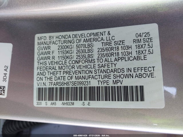 45681428 :رقم المزاد ، 7FARS6H87SE099231 vin ، 2025 Honda Cr-v Hybrid Sport-l مزاد بيع