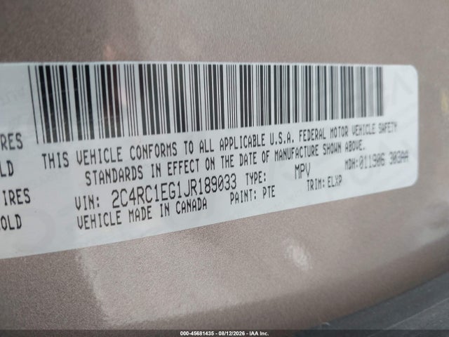 Aukcja sprzedaży 2018 Chrysler Pacifica Touring L Plus, vin: 2C4RC1EG1JR189033, numer aukcji: 45681435
