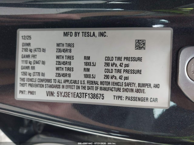 5YJ3E1EA3TF138675 Tesla Model 3 Premium Rear-wheel Drive/rear-wheel Drive