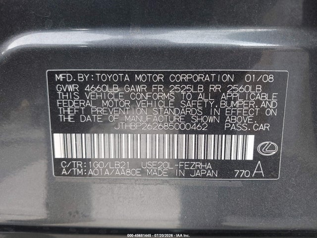 Продаж на аукціоні авто 2008 Lexus Is F, vin: JTHBP262685000462, номер лоту: 45681445