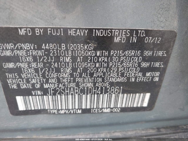 Auction sale of the 2013 Subaru Forester 2.5x, vin: JF2SHABC1DH413861, lot number: 45681446