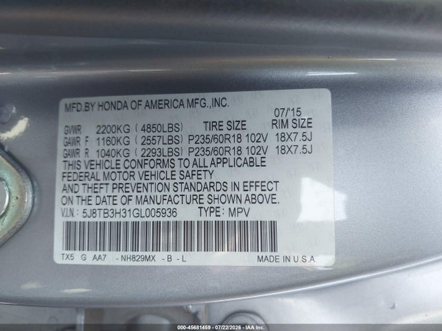 2016 Acura Rdx Acurawatch Plus Pkg მანქანა იყიდება აუქციონზე, vin: 5J8TB3H31GL005936, აუქციონის ნომერი: 45681459