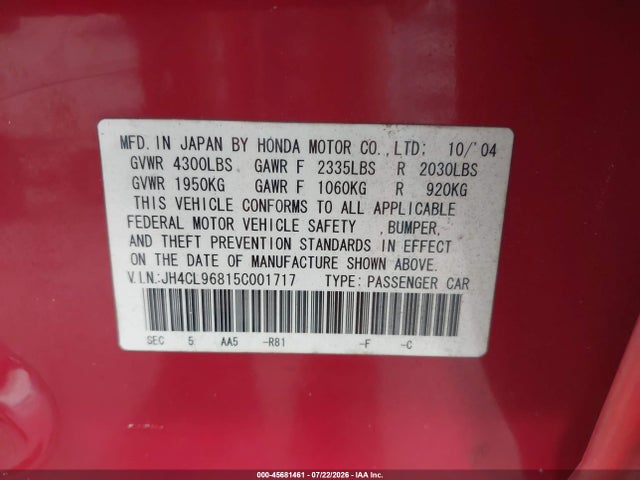 45681461 :رقم المزاد ، JH4CL96815C001717 vin ، 2005 Acura Tsx مزاد بيع