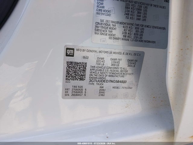Продаж на аукціоні авто 2022 Gmc Sierra 1500, vin: 3GTUUDED7NG584800, номер лоту: 45681515