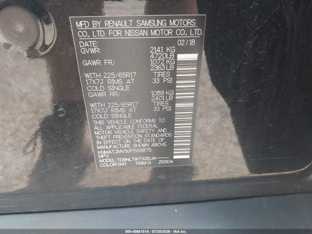 45681516 :رقم المزاد ، KNMAT2MV9JP559875 vin ، 2018 Nissan Rogue Sv مزاد بيع