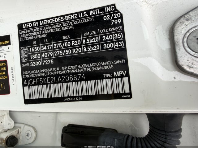 45681538 :رقم المزاد ، 4JGFF5KE2LA208874 vin ، 2020 Mercedes-benz Gls 450 4matic مزاد بيع
