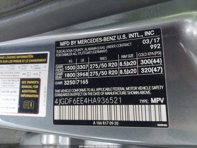 Aukcja sprzedaży 2017 Mercedes-benz Gls 450 4matic, vin: 4JGDF6EE4HA936521, numer aukcji: 45681542