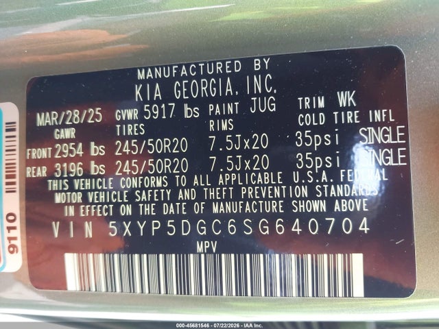 45681546 :رقم المزاد ، 5XYP5DGC6SG640704 vin ، 2025 Kia Telluride Sx X-line مزاد بيع